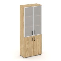Style Project SN.STS-103 (Тиквуд светлый) Шкаф высокий широкий (2 низких фасада ЛДСП + 2 средних фасада стекло сатин в раме)