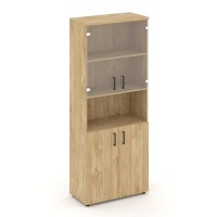 Style Project SN.STS-105 (Тиквуд светлый) Шкаф высокий широкий (2 низких фасада ЛДСП + 2 низких фасада стекло прозрачное)