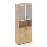 Style Project SN.STS-106 (Тиквуд светлый) Шкаф высокий широкий (2 низких фасада ЛДСП + 2 низких фасада стекло сатин в раме)