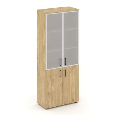 Style Project SN.STS.E-103 (Тиквуд светлый) Шкаф высокий широкий (2 низких фасада ЛДСП + 2 средних фасада стекло сатин в раме)