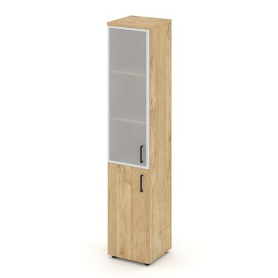Style Project SN.STU-103(L) (Тиквуд светлый) Шкаф высокий узкий левый (1 низкий фасад ЛДСП + 1 средний фасад стекло сатин в раме)