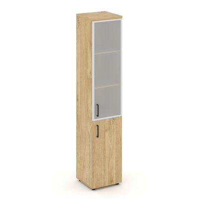 Style Project SN.STU-103(R) (Тиквуд светлый) Шкаф высокий узкий правый (1 низкий фасад ЛДСП + 1 средний фасад стекло сатин в раме)