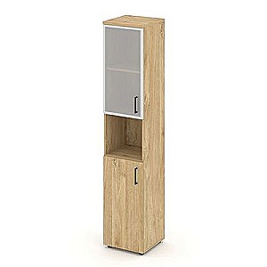 Стайл Проджект SN.STU-106(L) (Тиквуд светлый) Шкаф высокий узкий левый (1 низкий фасад ЛДСП + 1 низкий фасад стекло сатин в раме)
