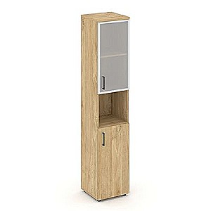 Стайл Проджект SN.STU-106(R) (Тиквуд светлый) Шкаф высокий узкий правый (1 низкий фасад ЛДСП + 1 низкий фасад стекло сатин в раме)